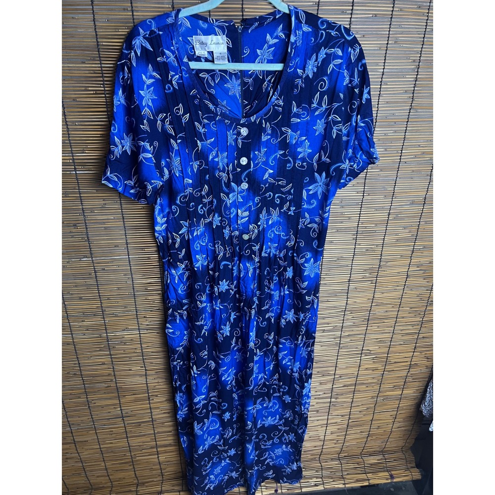 Betsy Lauren Vintage Blue Floral Batik Maxi Dress Rayon Short Sleeve 90s 16